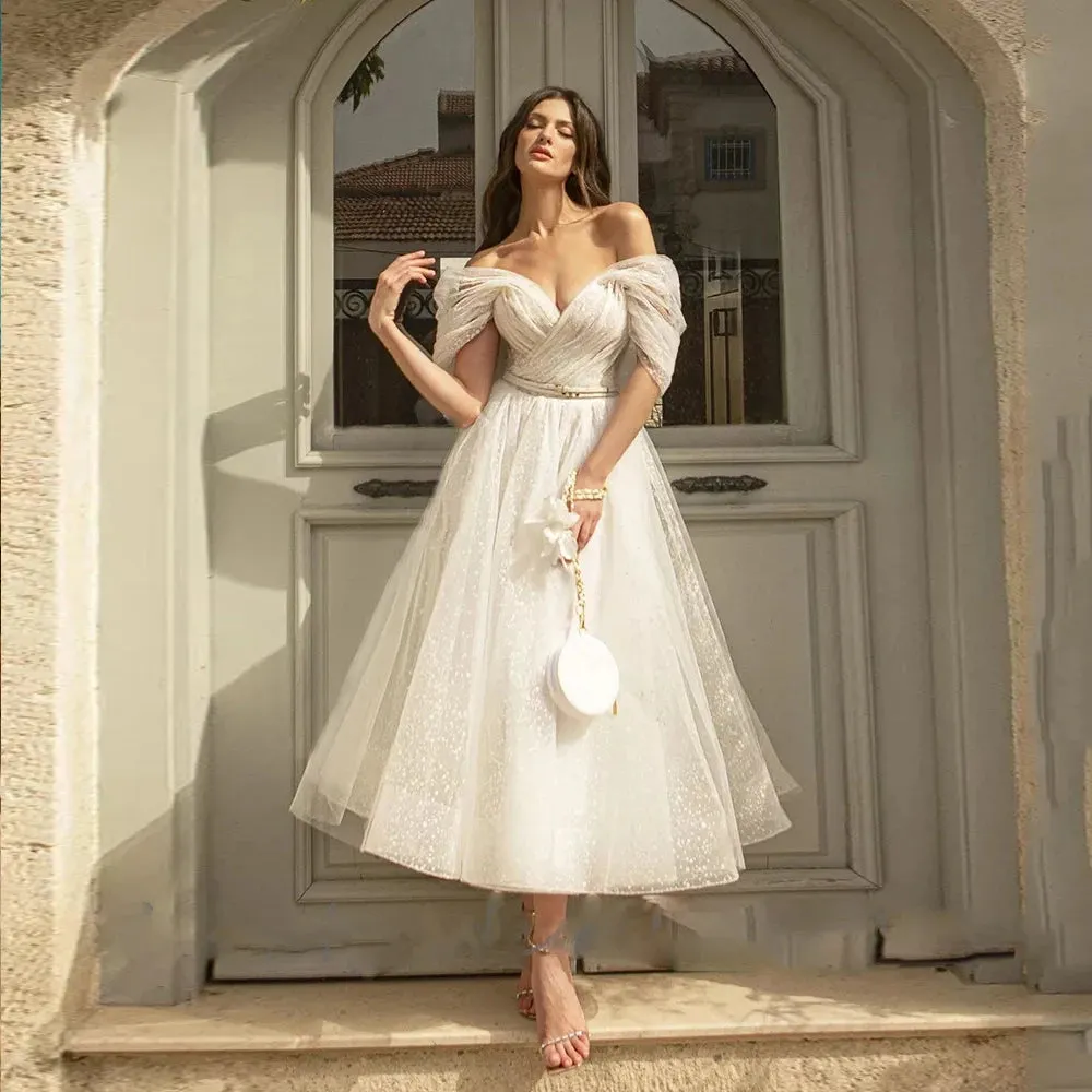 Bling Glittter Boho Wedding Dresses For Women Sweetheaart Tulle Point Net Tulle Beach Short Bridal Gown Cheap Civil