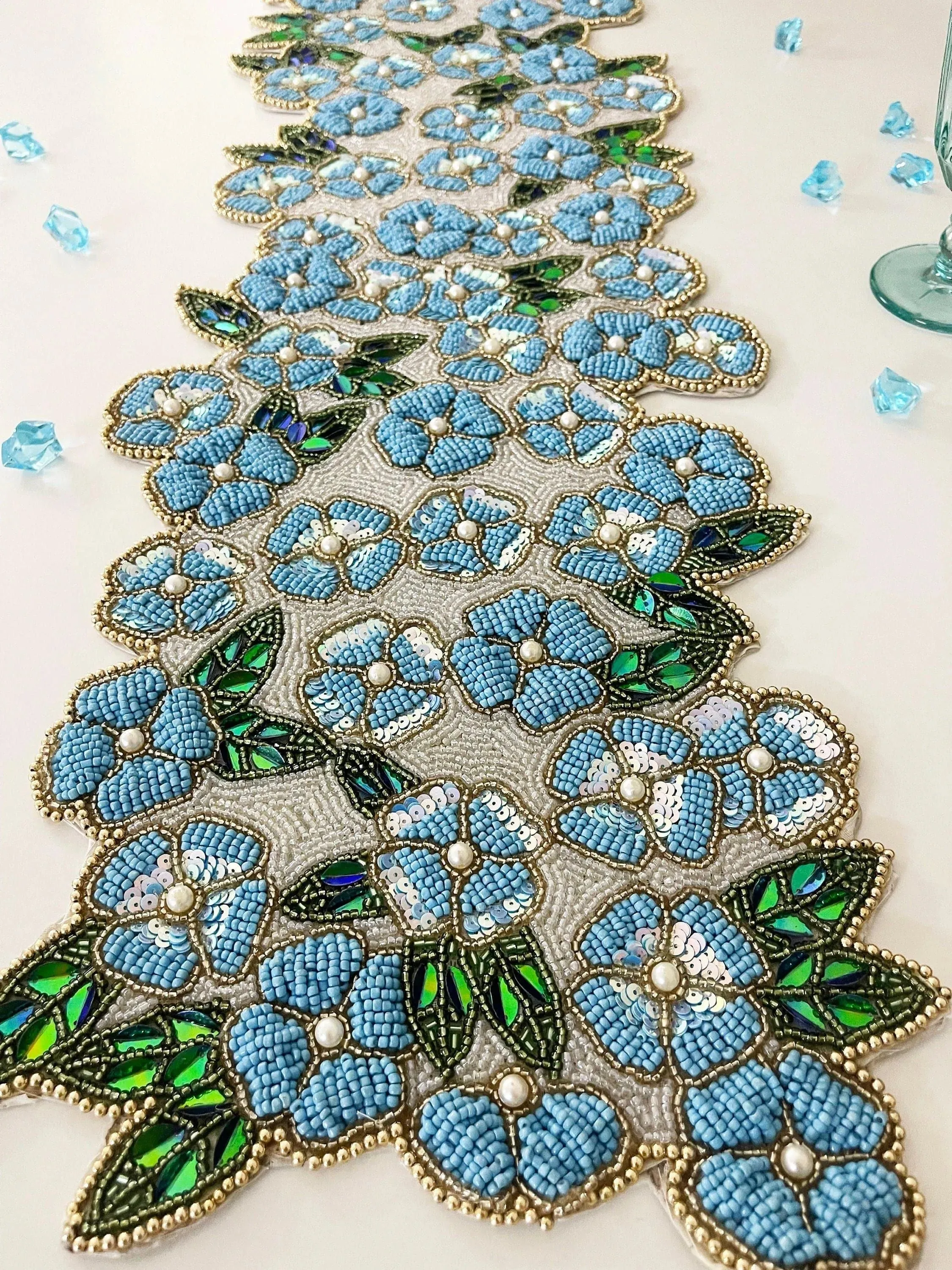 Blue Flowers in the Spring Beaded Table Runner