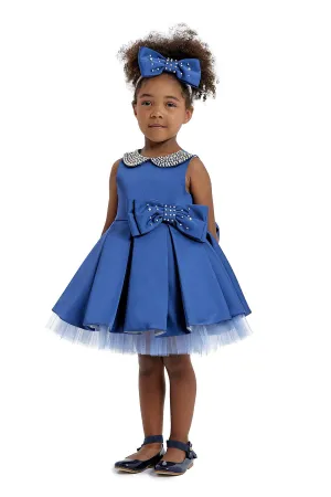 Blue Girl's Dress with Embroidered Round Collar for Special Events