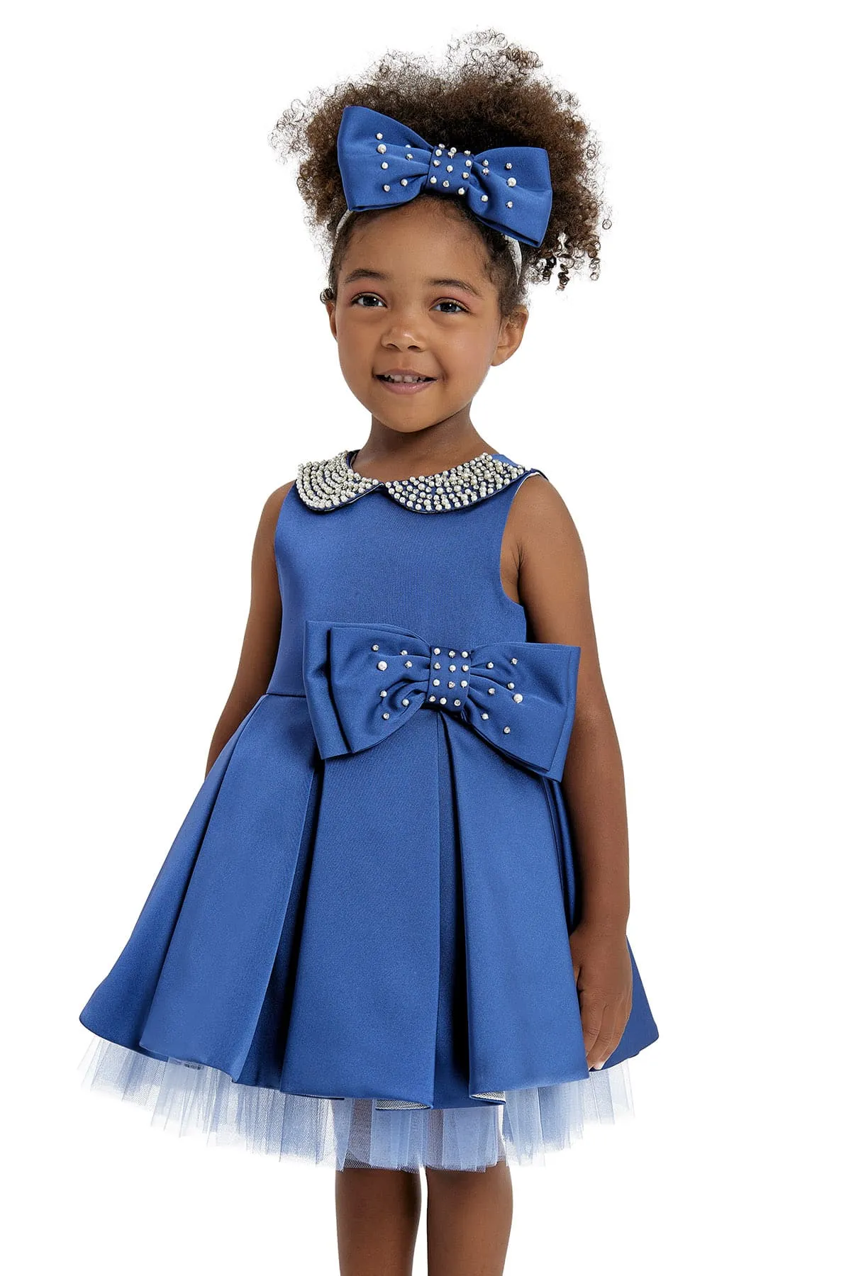 Blue Girl's Dress with Embroidered Round Collar for Special Events