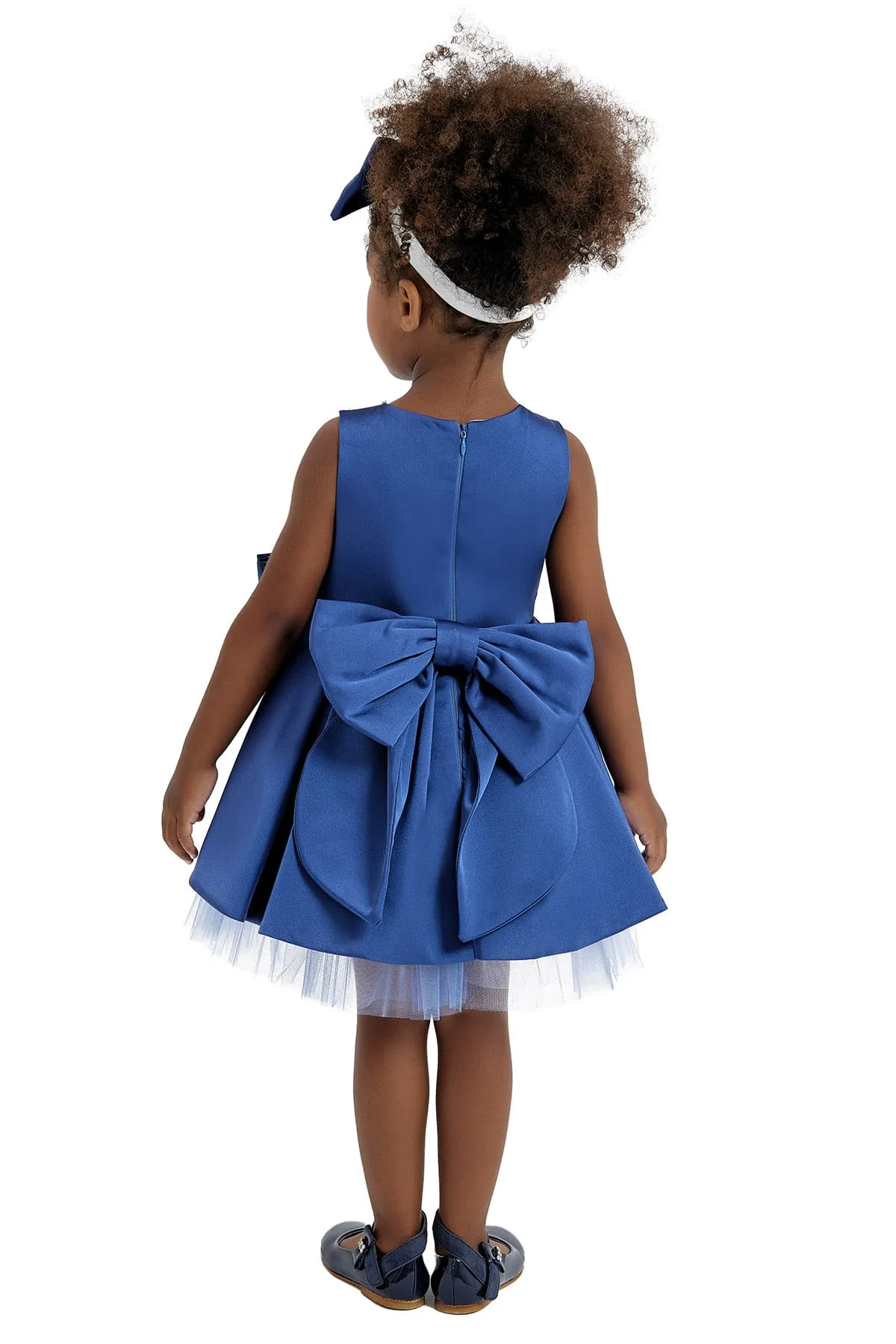 Blue Girl's Dress with Embroidered Round Collar for Special Events