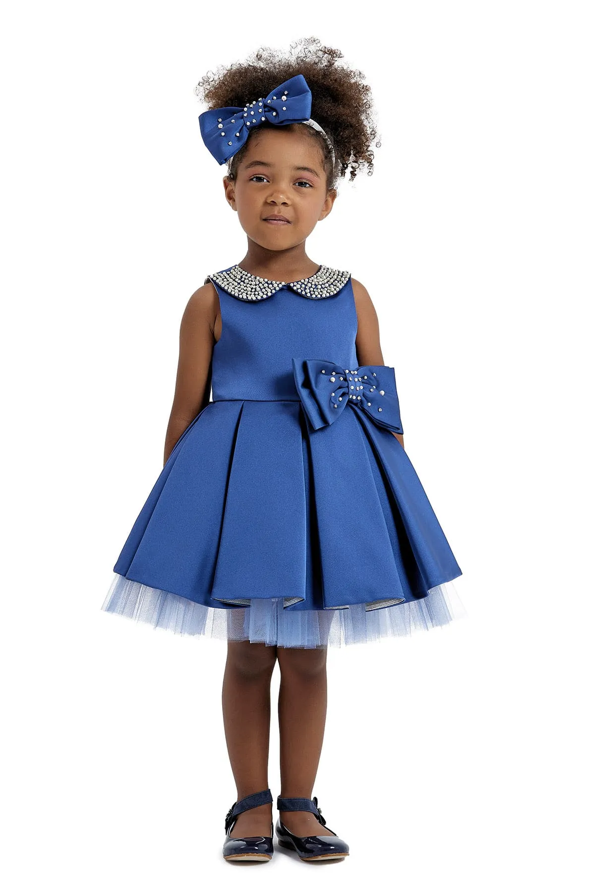 Blue Girl's Dress with Embroidered Round Collar for Special Events