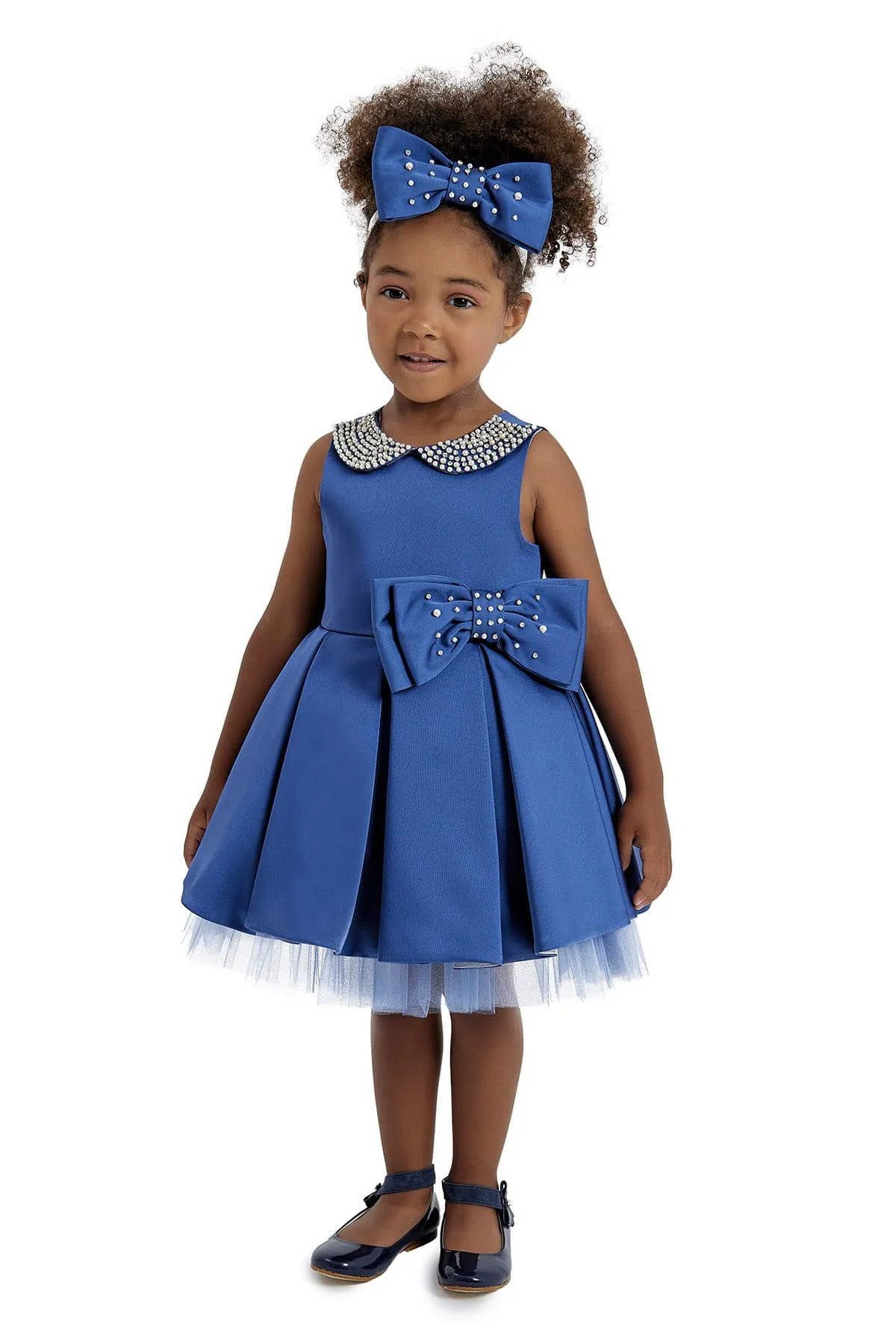 Blue Girl's Dress with Embroidered Round Collar for Special Events