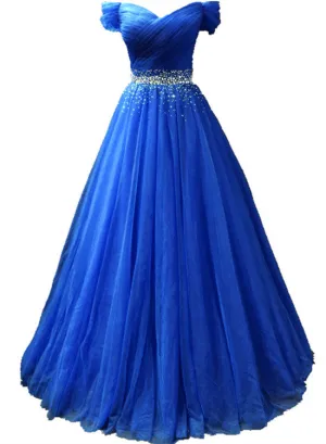 Blue Off Shoulder Beaded Sweetheart Party Dress, Blue Prom Dress Evening Gown