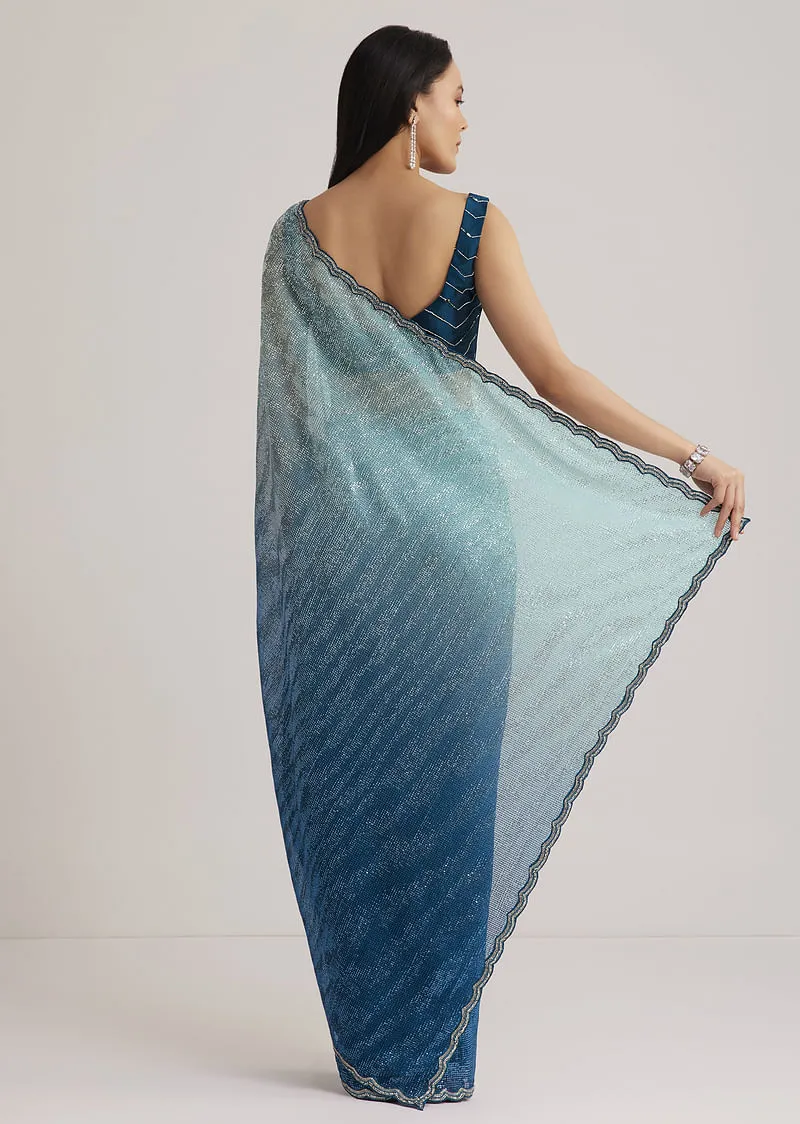 Blue Ombre Half And Half Sequins Saree