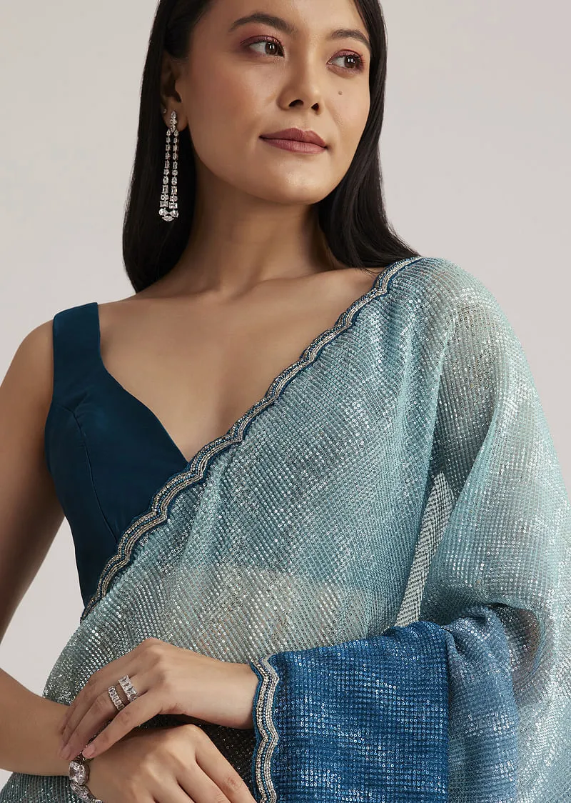 Blue Ombre Half And Half Sequins Saree