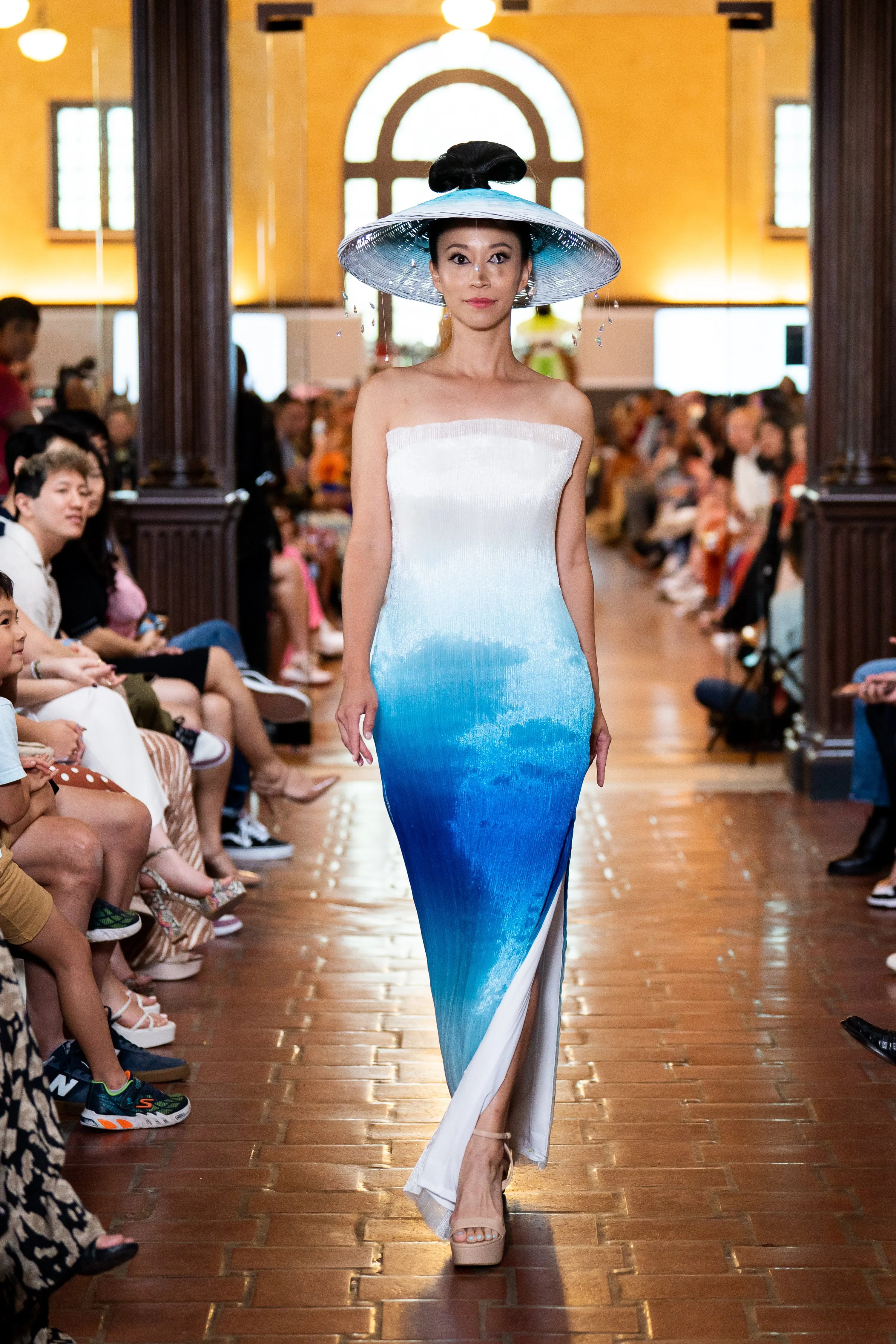 Blue Ombre Tulle Sheer Strapless Fitted Gown