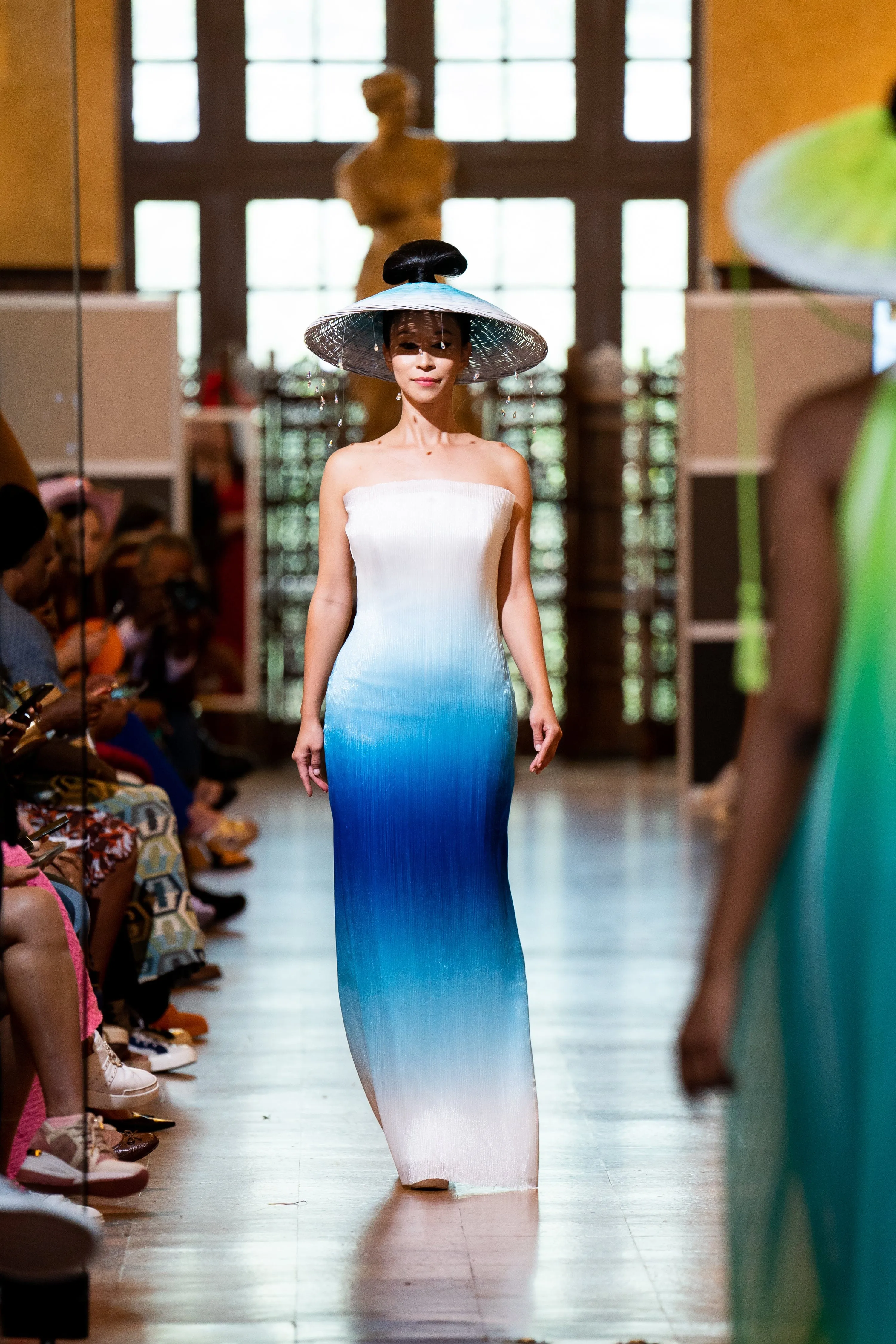 Blue Ombre Tulle Sheer Strapless Fitted Gown
