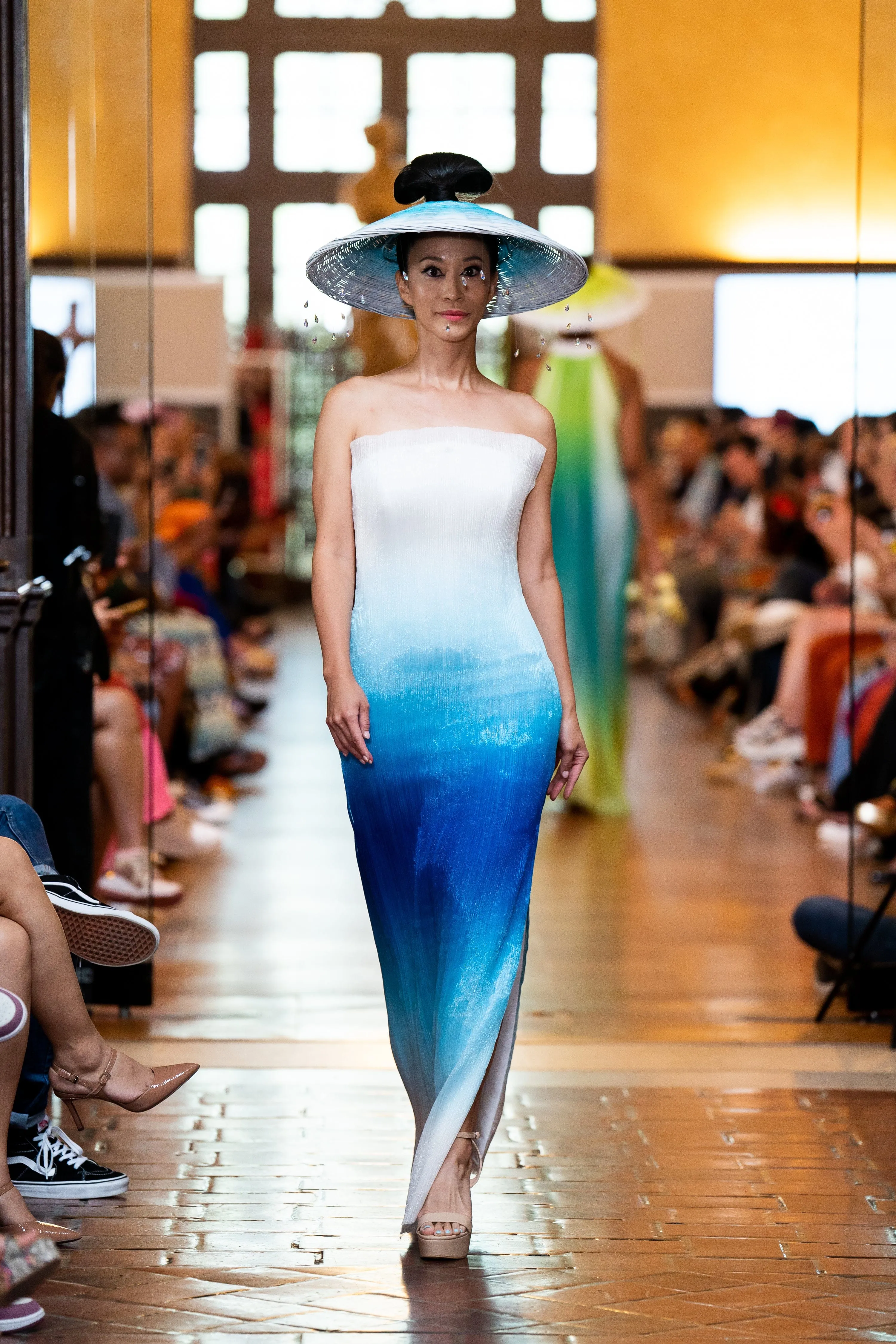 Blue Ombre Tulle Sheer Strapless Fitted Gown