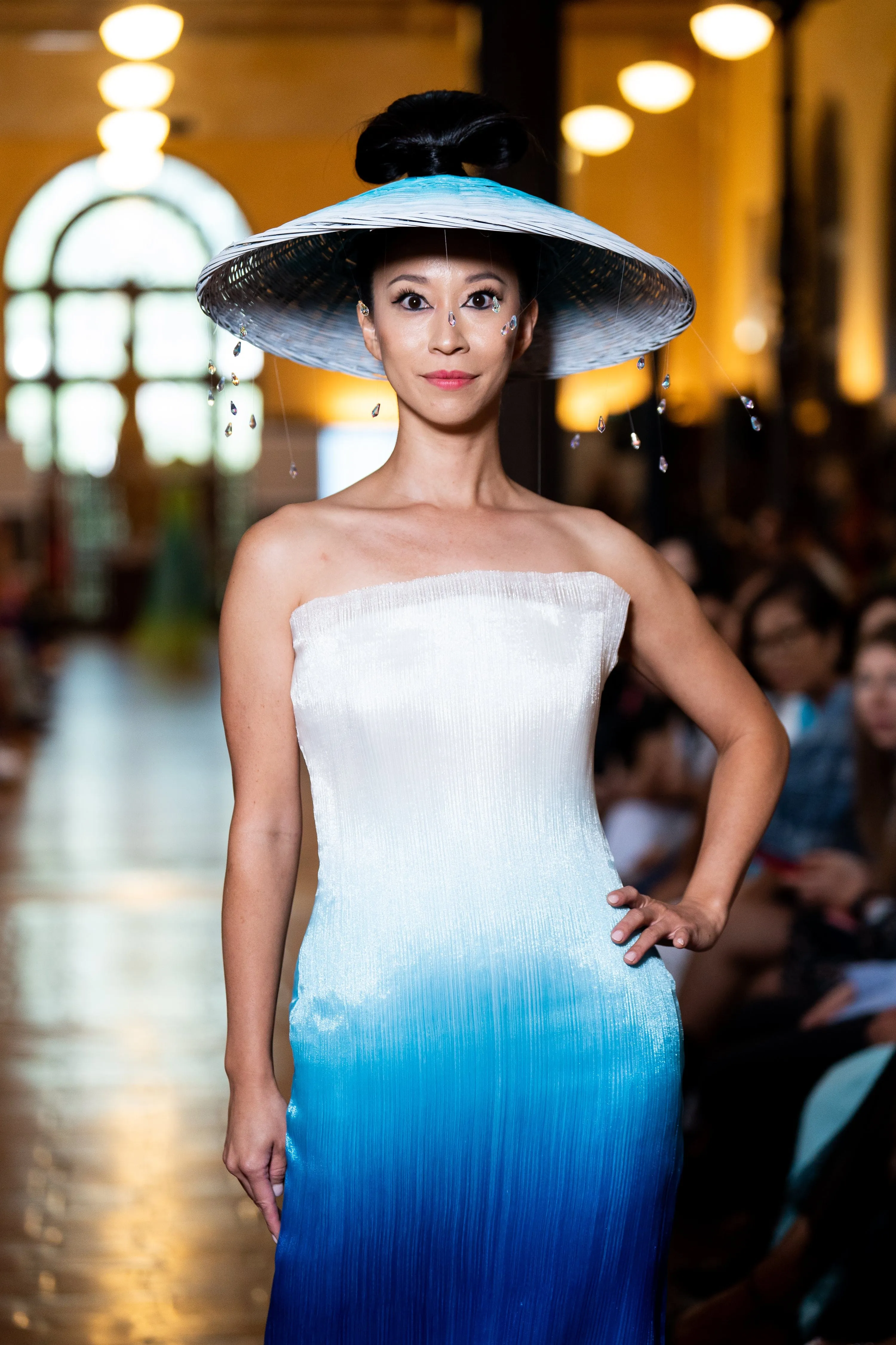 Blue Ombre Tulle Sheer Strapless Fitted Gown