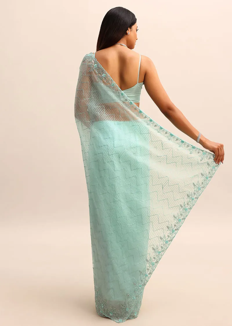 Blue Organza Cutdana Saree And Sequins Border Pallu