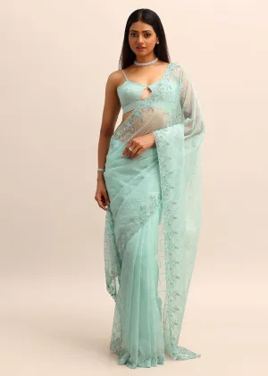 Blue Organza Cutdana Saree And Sequins Border Pallu
