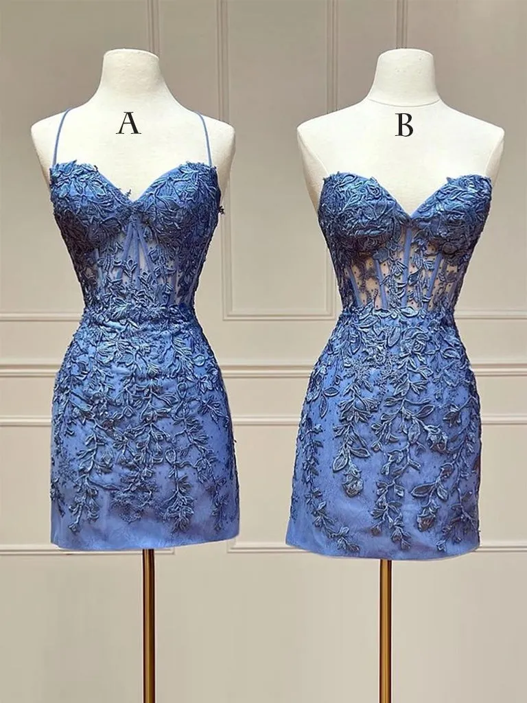 Blue Sweetheart Neck Lace Short Prom Dress, Blue Homecoming Dress