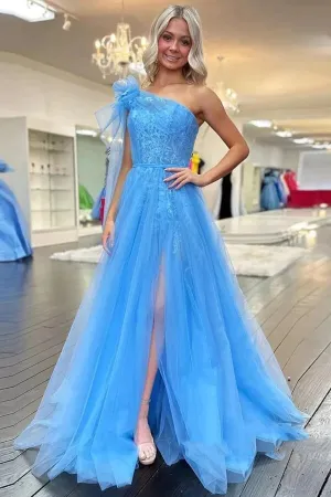 Blue Tulle A-line One Shoulder Lace Appliques Prom Dresses With Slit, MP932