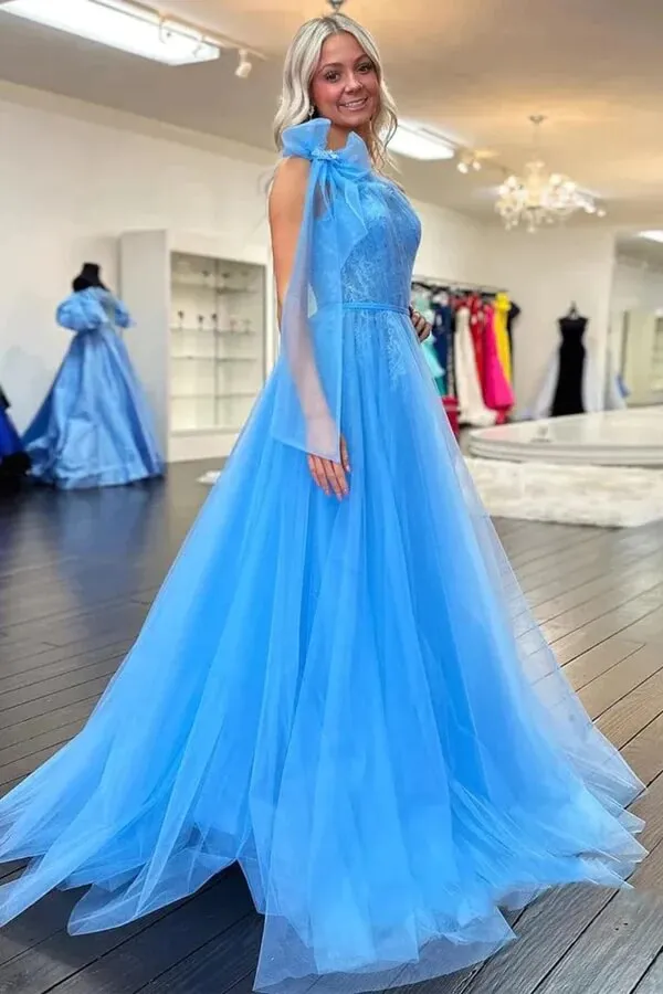 Blue Tulle A-line One Shoulder Lace Appliques Prom Dresses With Slit, MP932