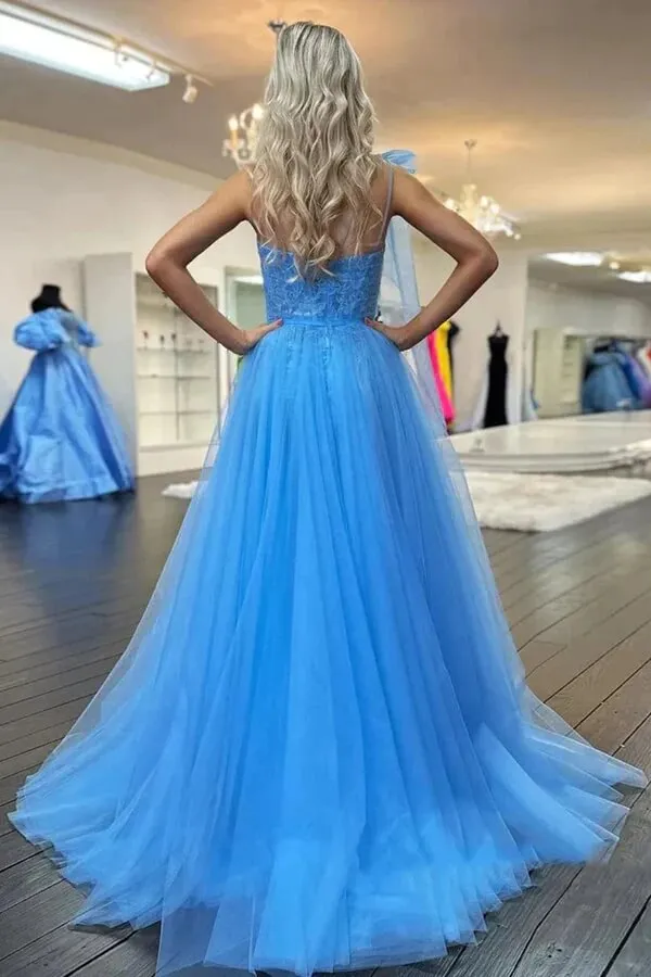 Blue Tulle A-line One Shoulder Lace Appliques Prom Dresses With Slit, MP932