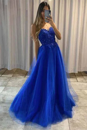 Blue Tulle A-line Spaghetti Straps Floor length Prom Dresses, Formal Dress, MP669