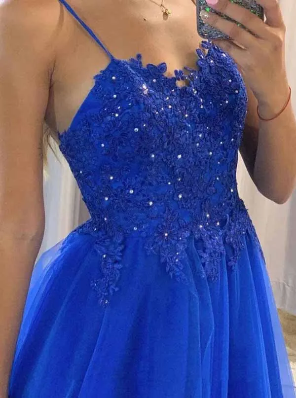 Blue Tulle A-line Spaghetti Straps Floor length Prom Dresses, Formal Dress, MP669