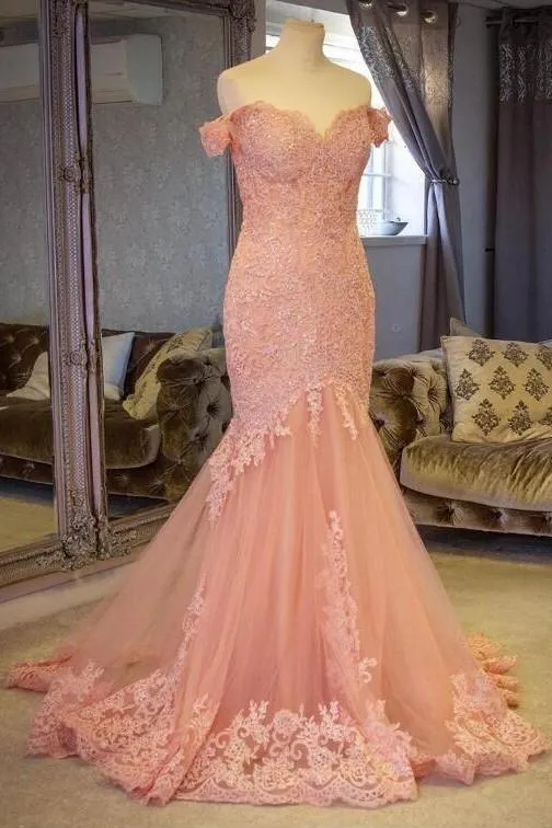 Blush Pink Lace Mermaid Evening Gown Dress with Off-the-shoulder