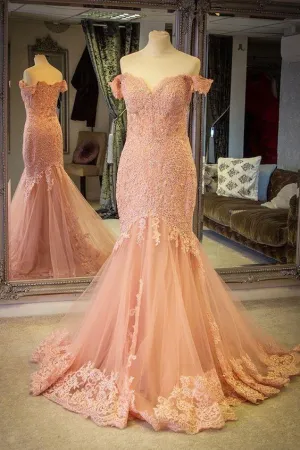 Blush Pink Lace Mermaid Evening Gown Dress with Off-the-shoulder
