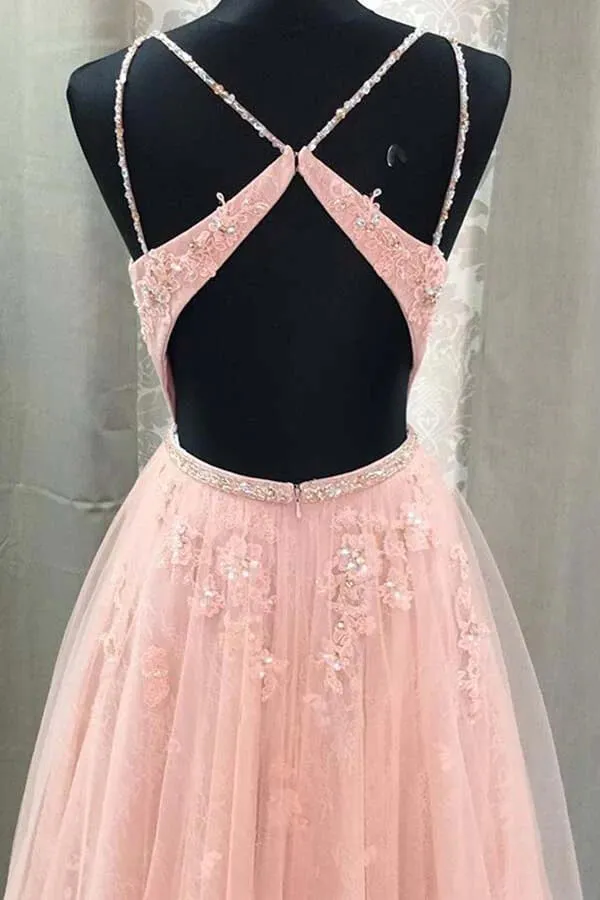 Blush Tulle A-line Spaghetti Straps Prom Dresses With Lace Appliques, MP882