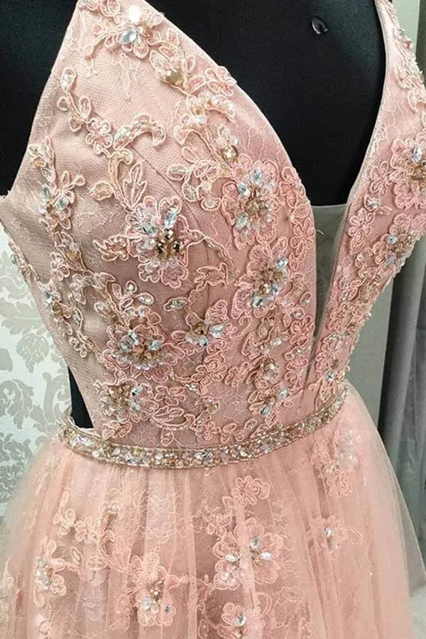 Blush Tulle A-line Spaghetti Straps Prom Dresses With Lace Appliques, MP882