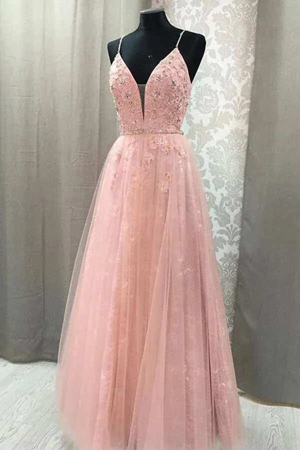 Blush Tulle A-line Spaghetti Straps Prom Dresses With Lace Appliques, MP882
