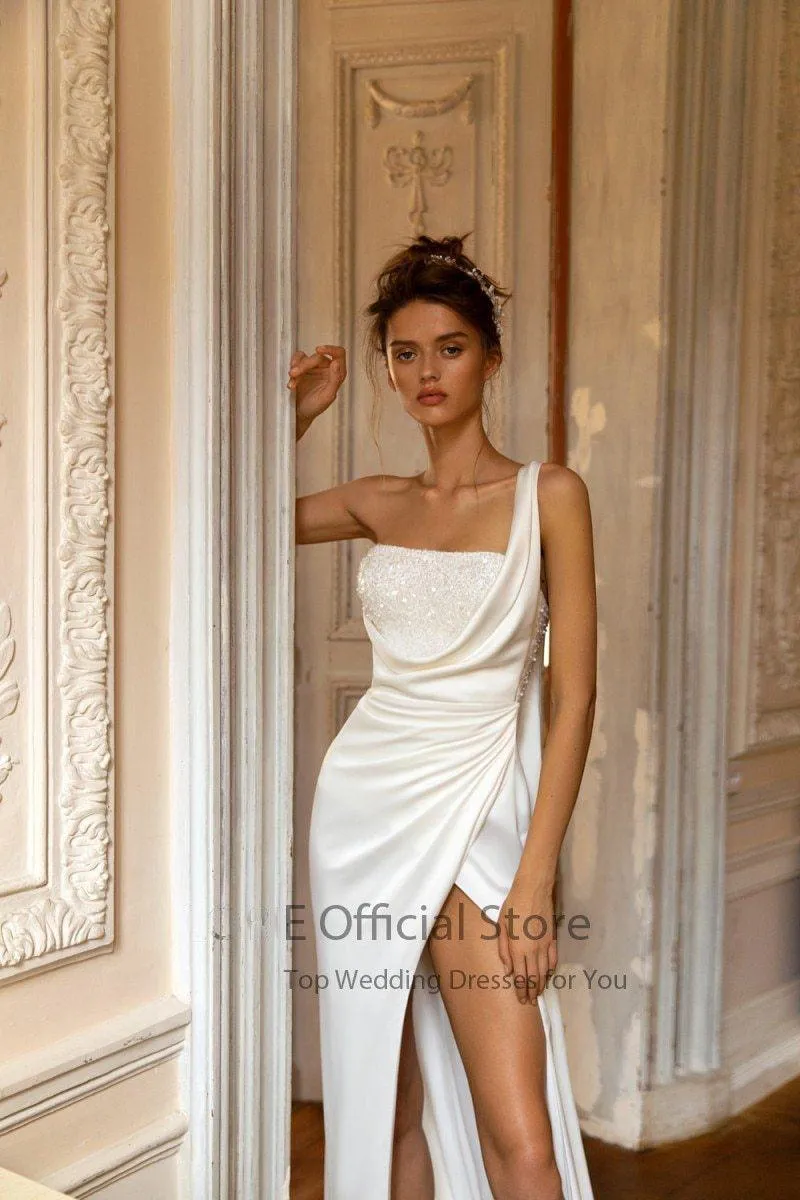 Boho Vintage One Shoulder Sequins High Side Split Simple Beach A-Line Bride Gown
