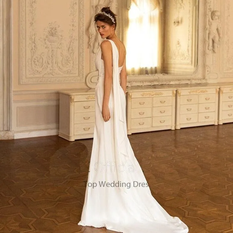 Boho Vintage One Shoulder Sequins High Side Split Simple Beach A-Line Bride Gown
