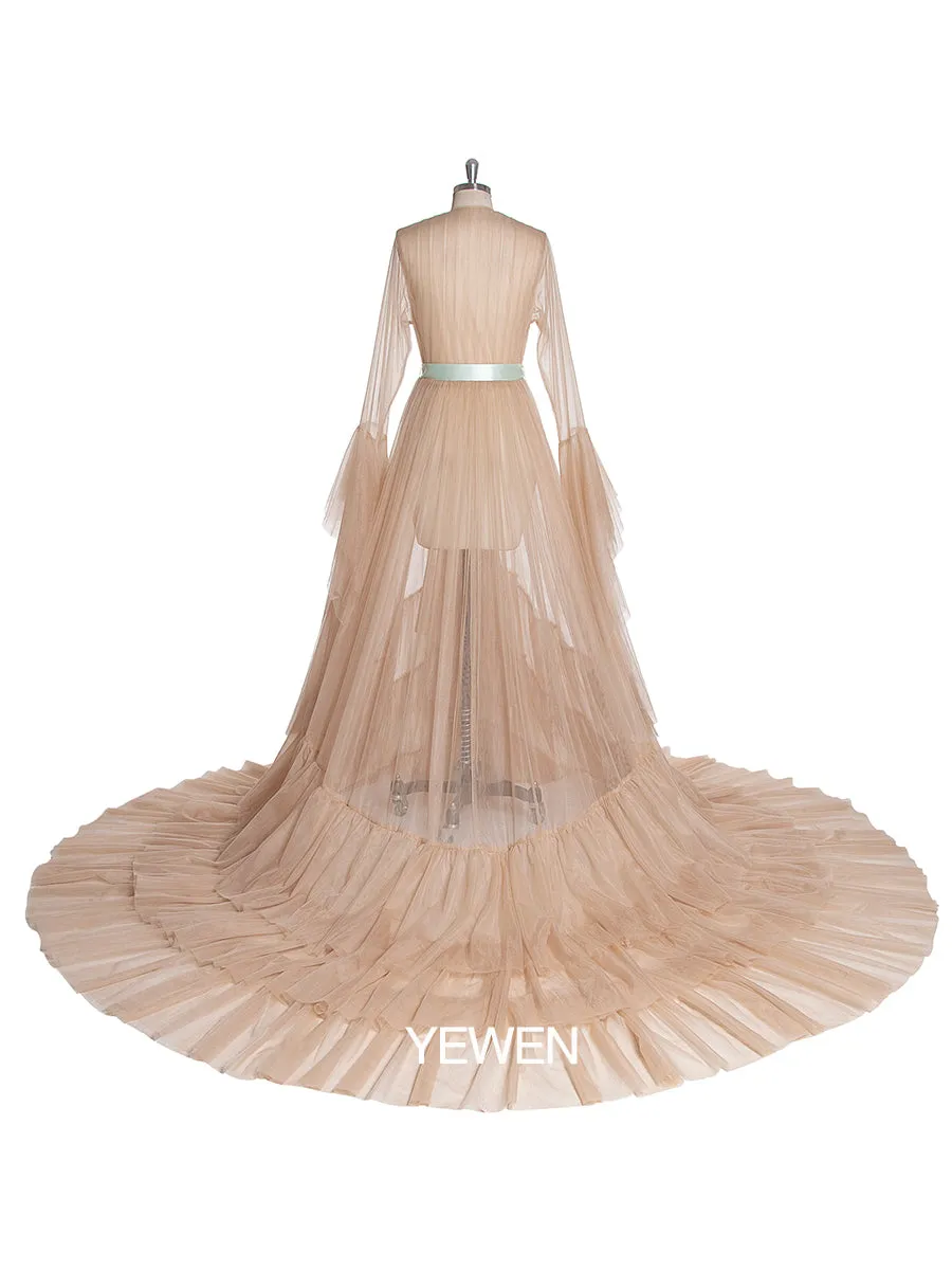 Bow Ruffled Long Sleeve V Neck Maternity Dress For Photo Shoot