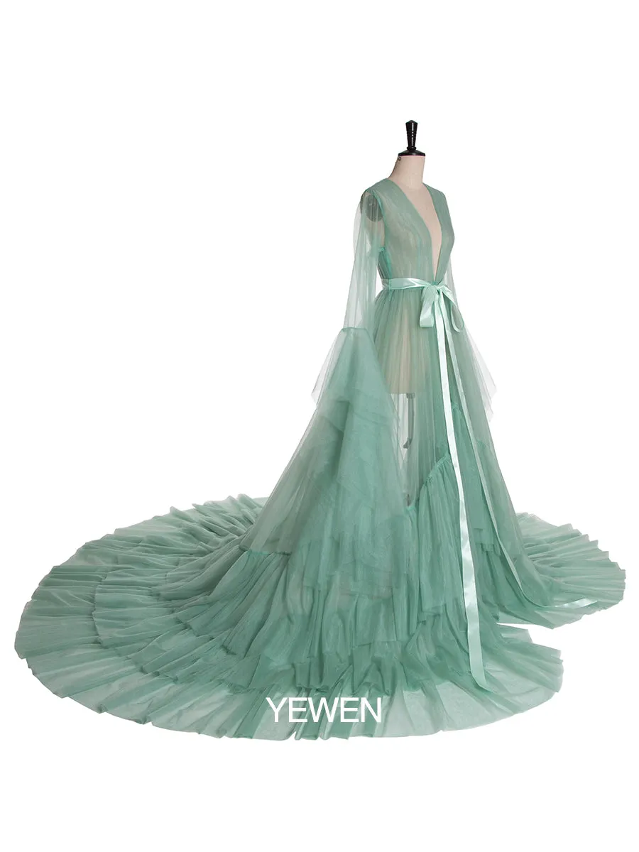 Bow Ruffled Long Sleeve V Neck Maternity Dress For Photo Shoot