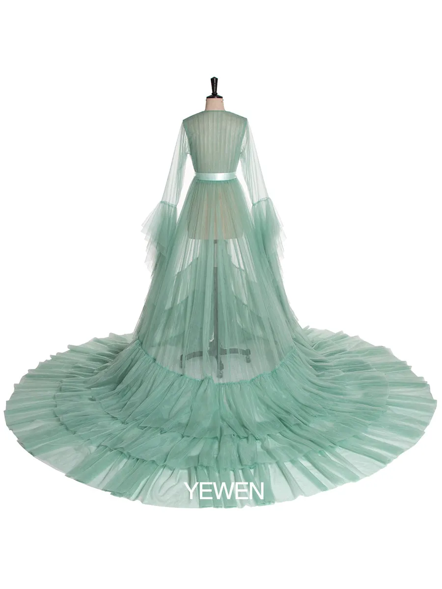 Bow Ruffled Long Sleeve V Neck Maternity Dress For Photo Shoot