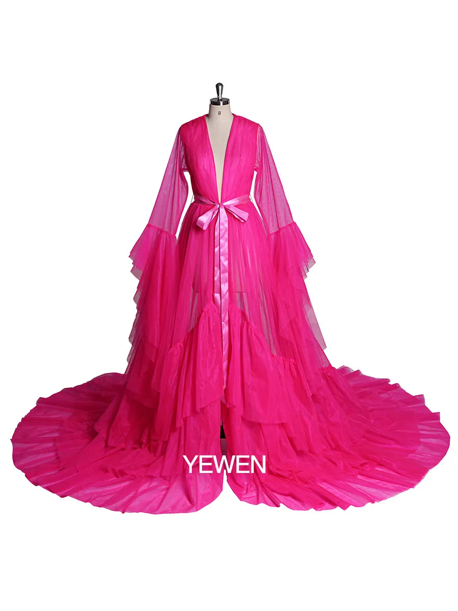 Bow Ruffled Long Sleeve V Neck Maternity Dress For Photo Shoot