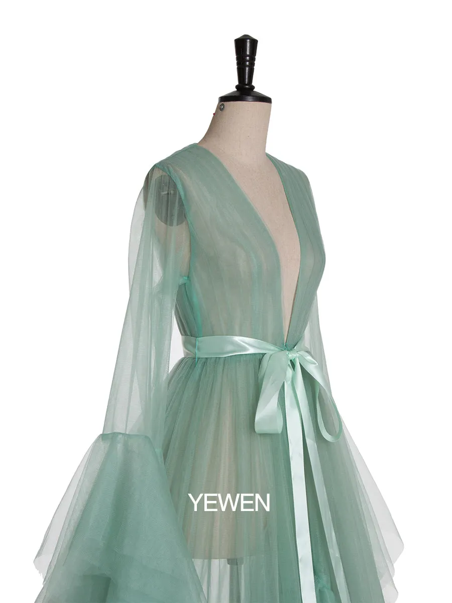 Bow Ruffled Long Sleeve V Neck Maternity Dress For Photo Shoot