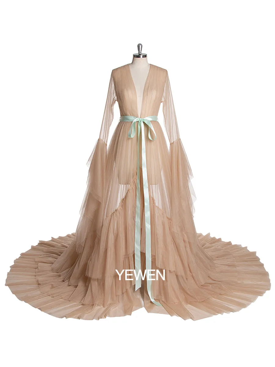 Bow Ruffled Long Sleeve V Neck Maternity Dress For Photo Shoot