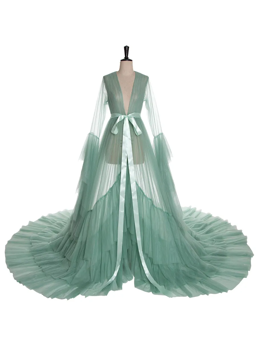 Bow Ruffled Long Sleeve V Neck Maternity Dress For Photo Shoot