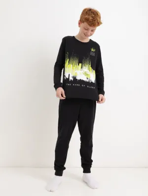 Boys Long Sleeve Sleeping King PJ Set - Black