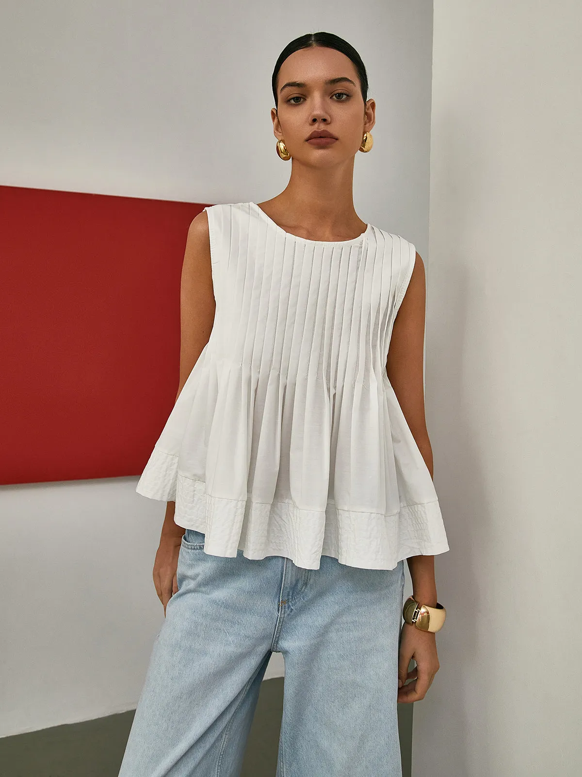 Brenya® | Pleated Peplum Sleeveless Blouse