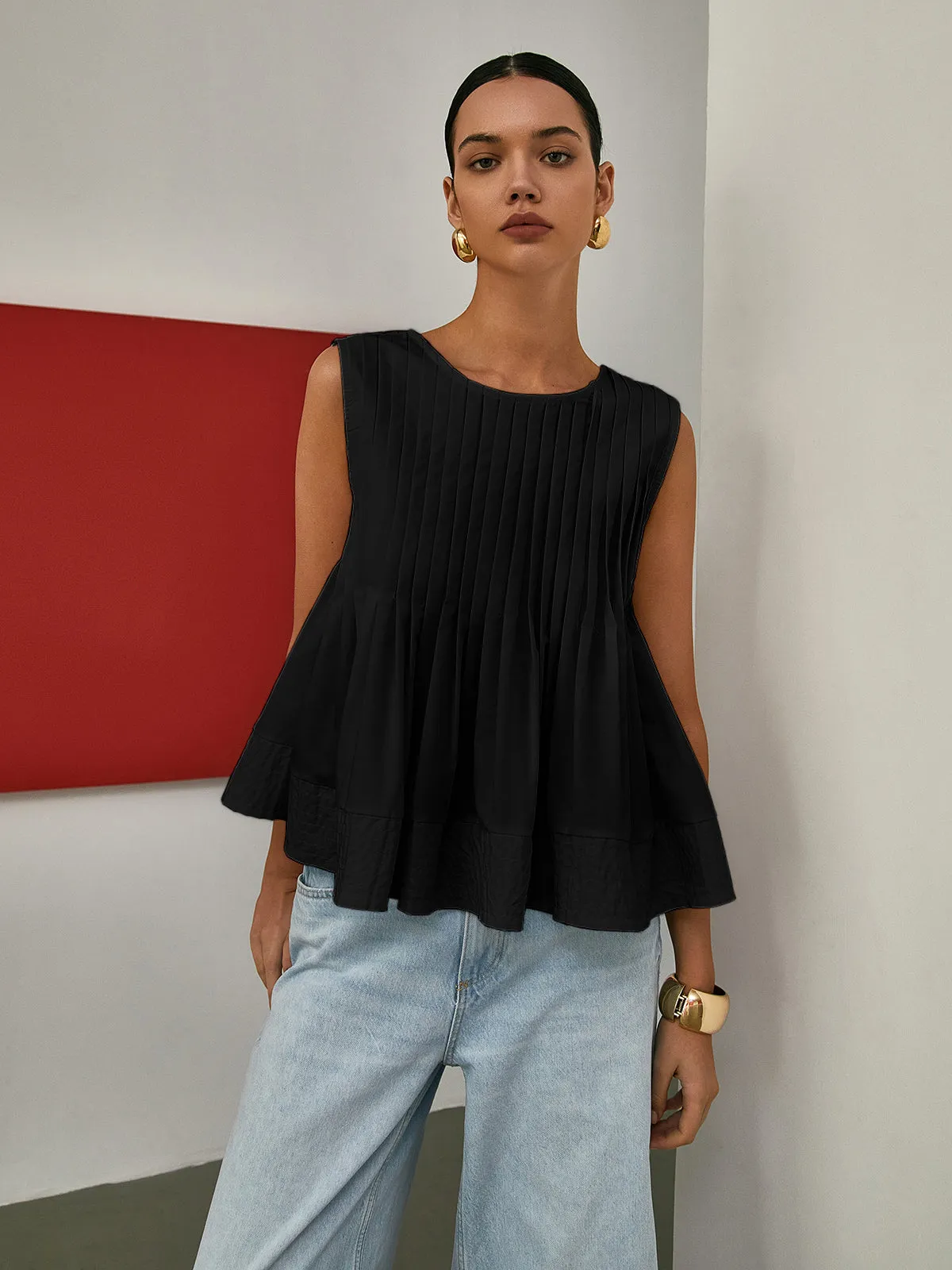 Brenya® | Pleated Peplum Sleeveless Blouse