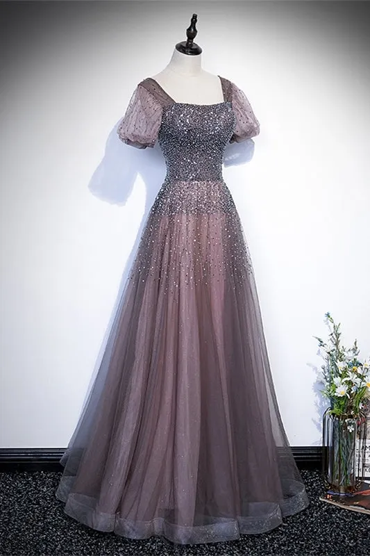 Brown Beaded A-line Tulle Long Formal Dress