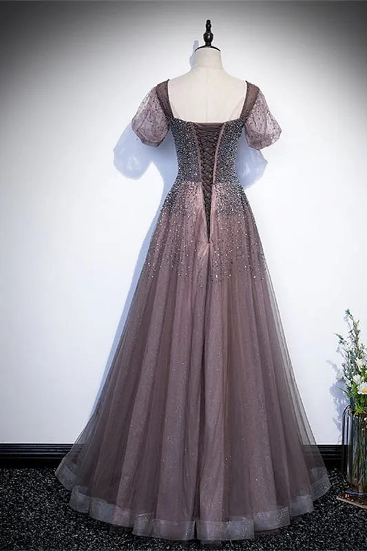 Brown Beaded A-line Tulle Long Formal Dress