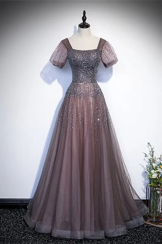 Brown Beaded A-line Tulle Long Formal Dress