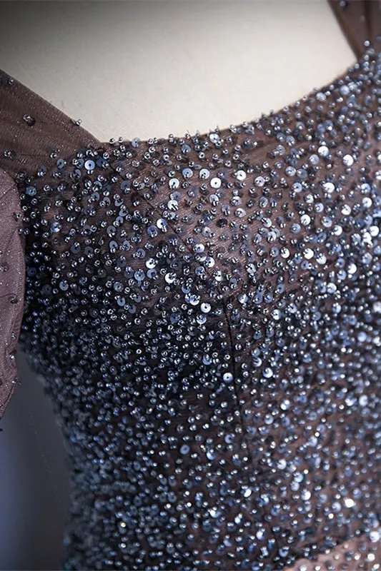 Brown Beaded A-line Tulle Long Formal Dress