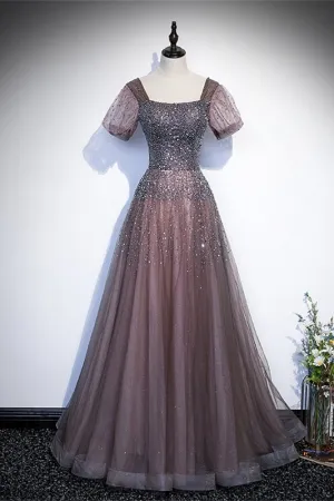 Brown Beaded A-line Tulle Long Formal Dress