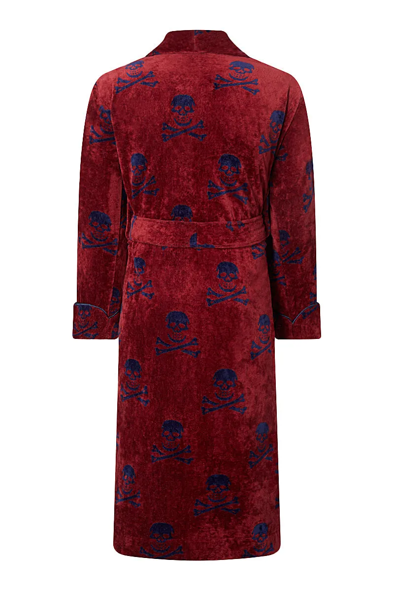 Burgundy & Navy Skull & Crossbones Towelling Bathrobe