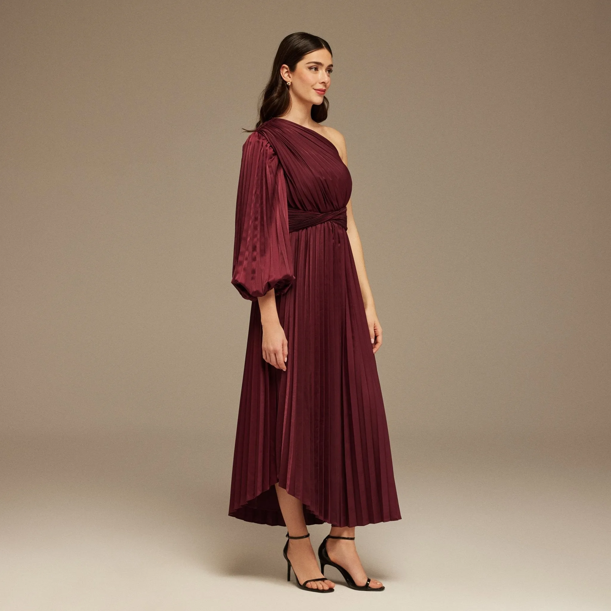 Burgundy Asymmetric One Sleeve Pleated Long Dress