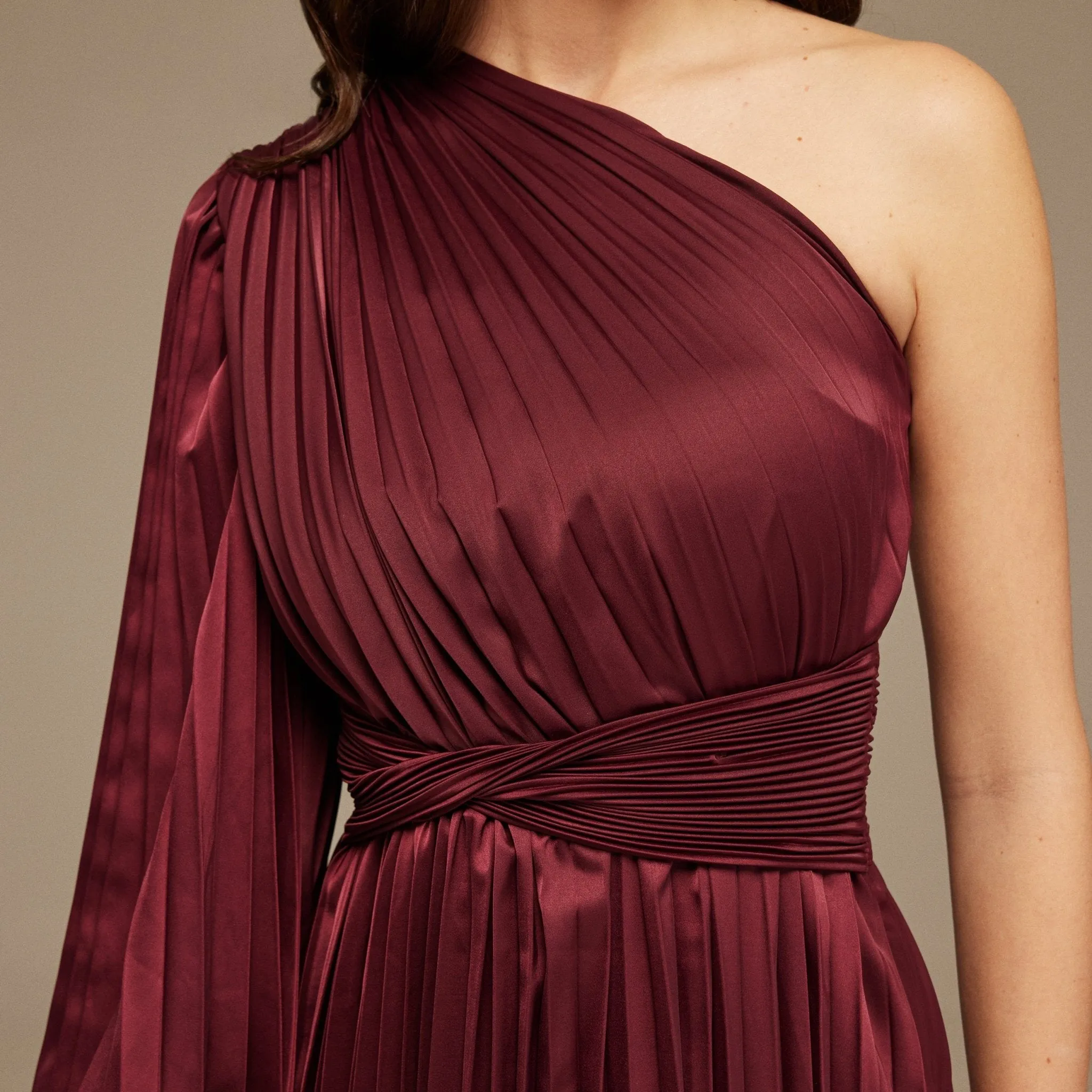 Burgundy Asymmetric One Sleeve Pleated Long Dress