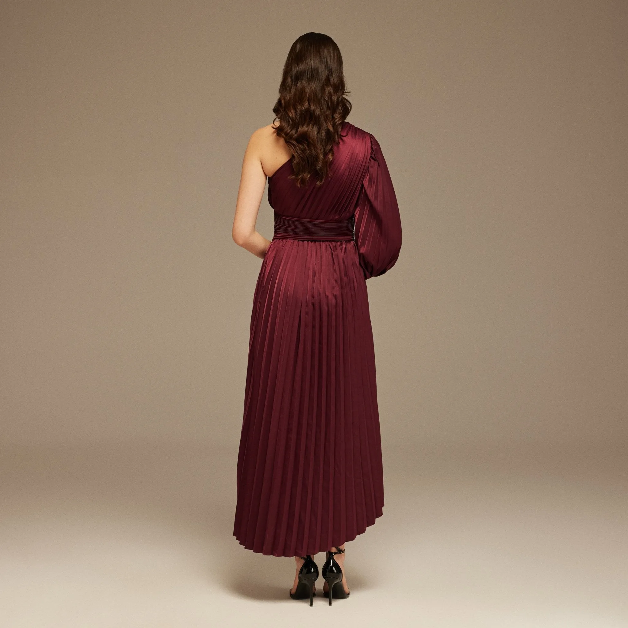 Burgundy Asymmetric One Sleeve Pleated Long Dress