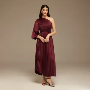 Burgundy Asymmetric One Sleeve Pleated Long Dress