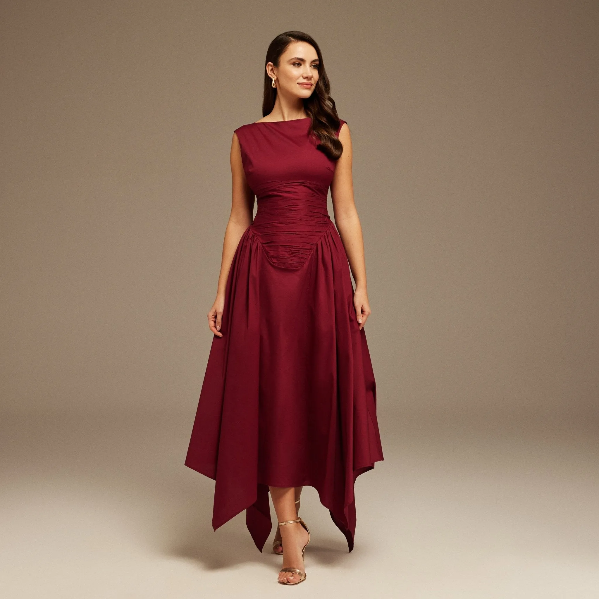 Burgundy Gathered Pleated Waist Midi Dress